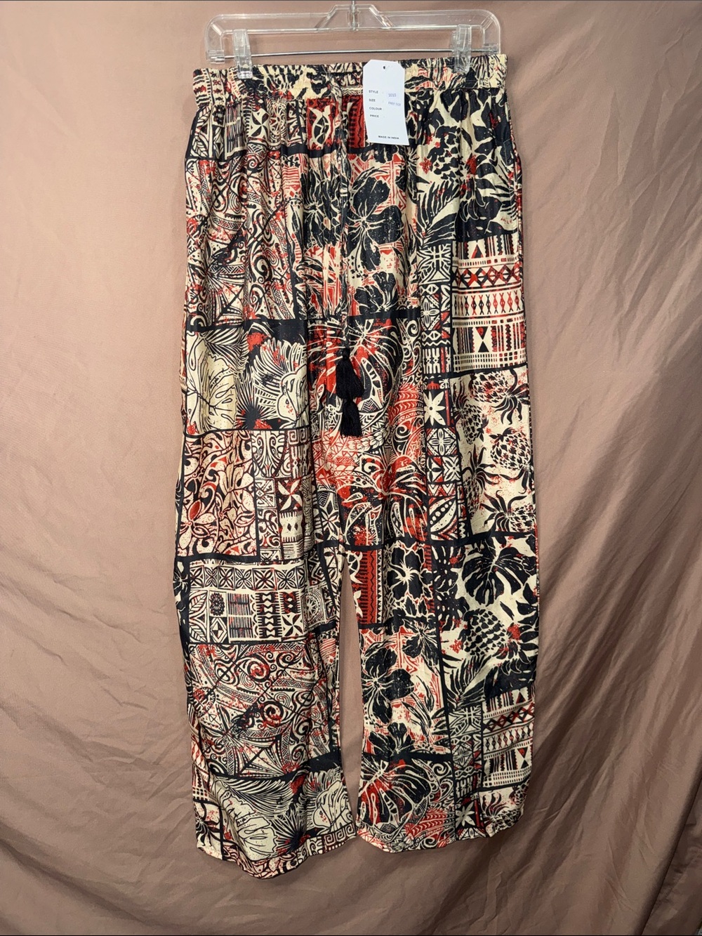 NWT SILK Printed Elastic-Waist Women’s Trousers - Black, Cream & Red Pattern